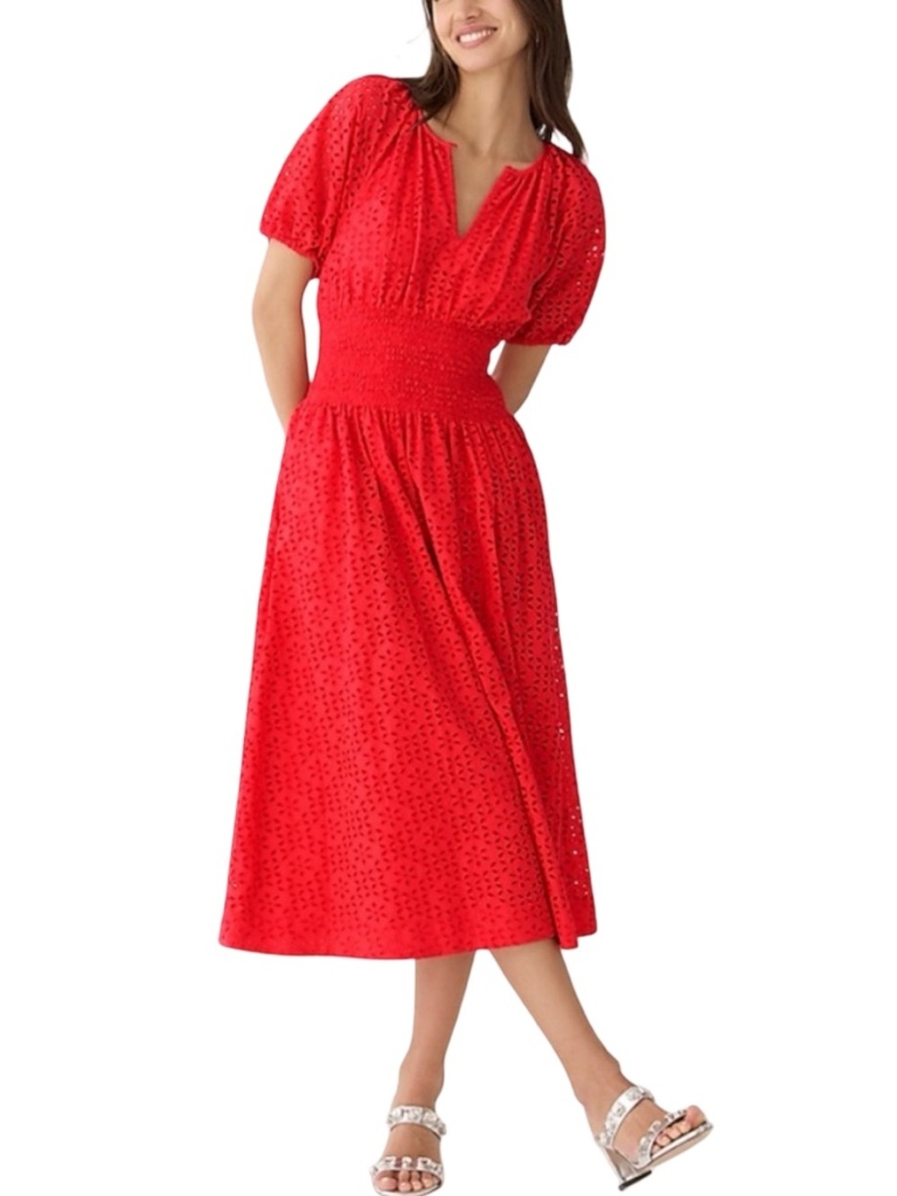 J.Crew Red Provence Smocked Waist Eyelet Midi Dress